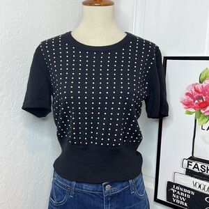 Vintage Escada Black Wool Short Sleeve Sweater with Pearl Studded Accents 36/XS